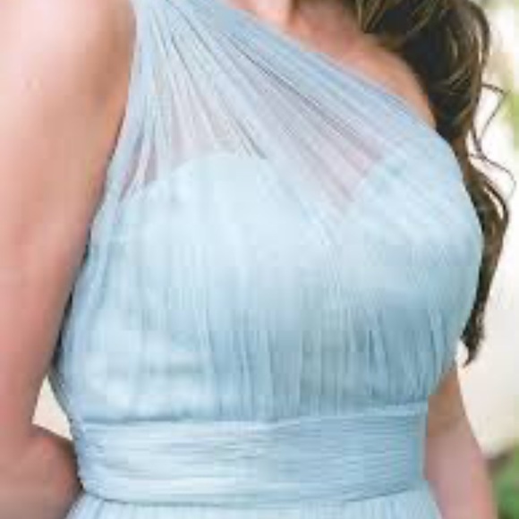 David’s Bridal Dress One Shoulder Fit Flare Dress pleated chest Blue/Green Mini - Picture 1 of 13